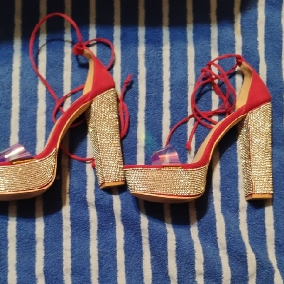 Elegant Red Strappy Heels with Glitter Block Heel - Picture 5 of 10